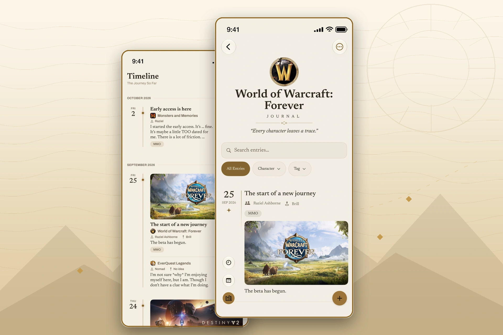 Quest Journal’s World of Warcraft: Forever journal in front of its multi-game Timeline, shown against a restrained cartographic landscape.